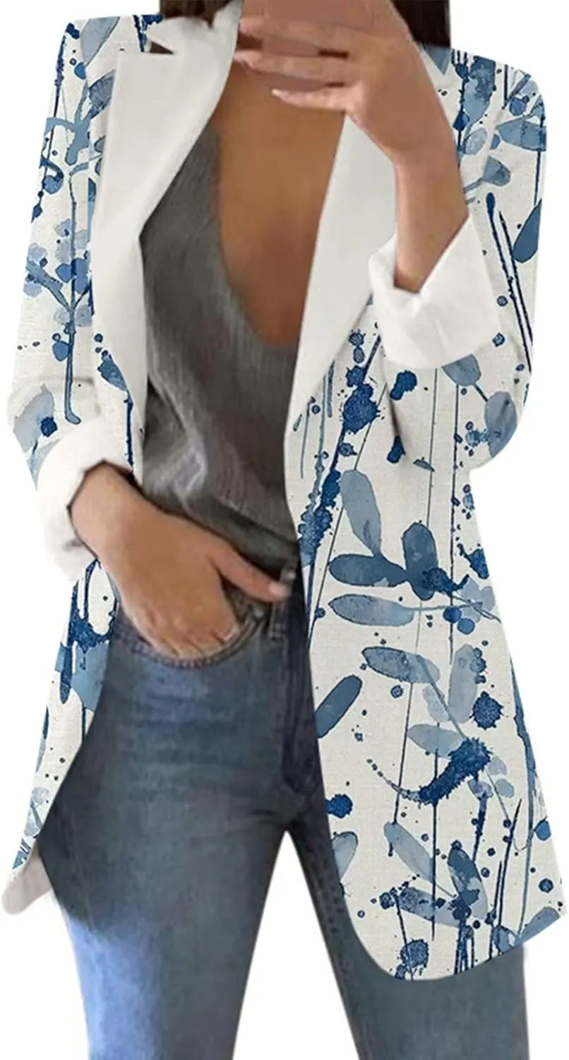 Women's Long Blazer Casual Printed Suit Sleeve Loose Comfortable Cardigan Coat Blazers for Work Casual