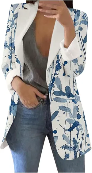 Women's Long Blazer Casual Printed Suit Sleeve Loose Comfortable Cardigan Coat Blazers for Work Casual