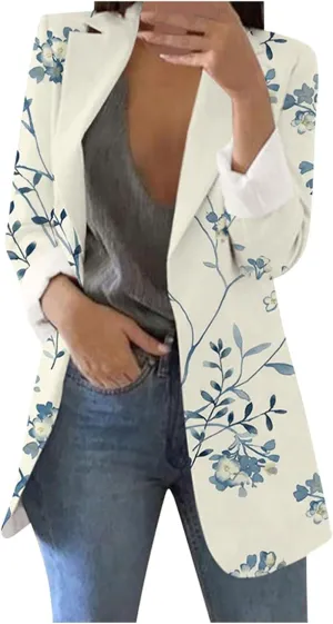Women's Long Blazer Casual Printed Suit Sleeve Loose Comfortable Cardigan Coat Blazers for Work Casual