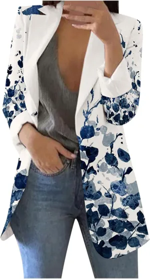 Women's Long Blazer Casual Printed Suit Sleeve Loose Comfortable Cardigan Coat Blazers for Work Casual
