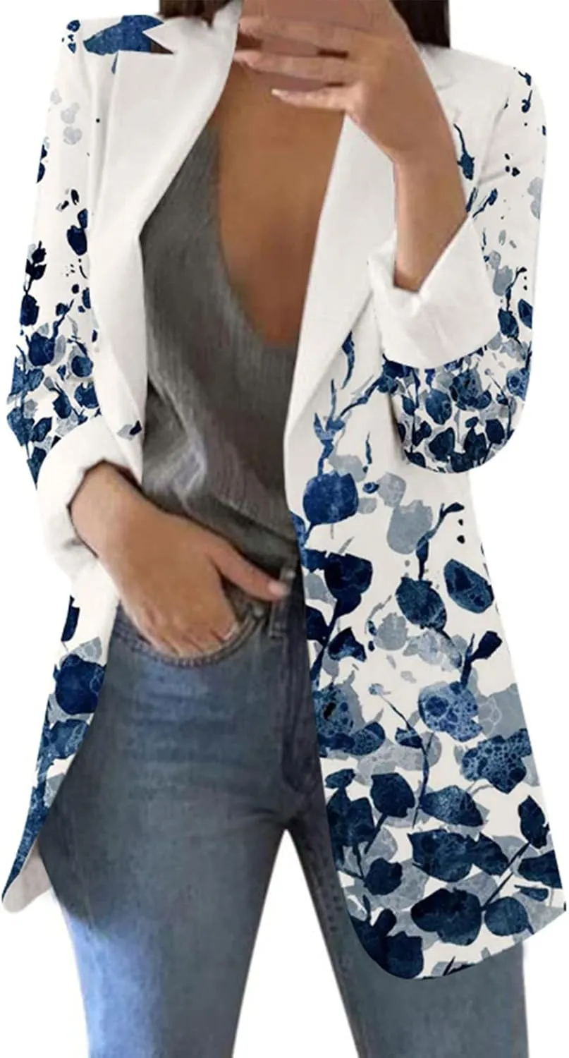 Women's Long Blazer Casual Printed Suit Sleeve Loose Comfortable Cardigan Coat Blazers for Work Casual