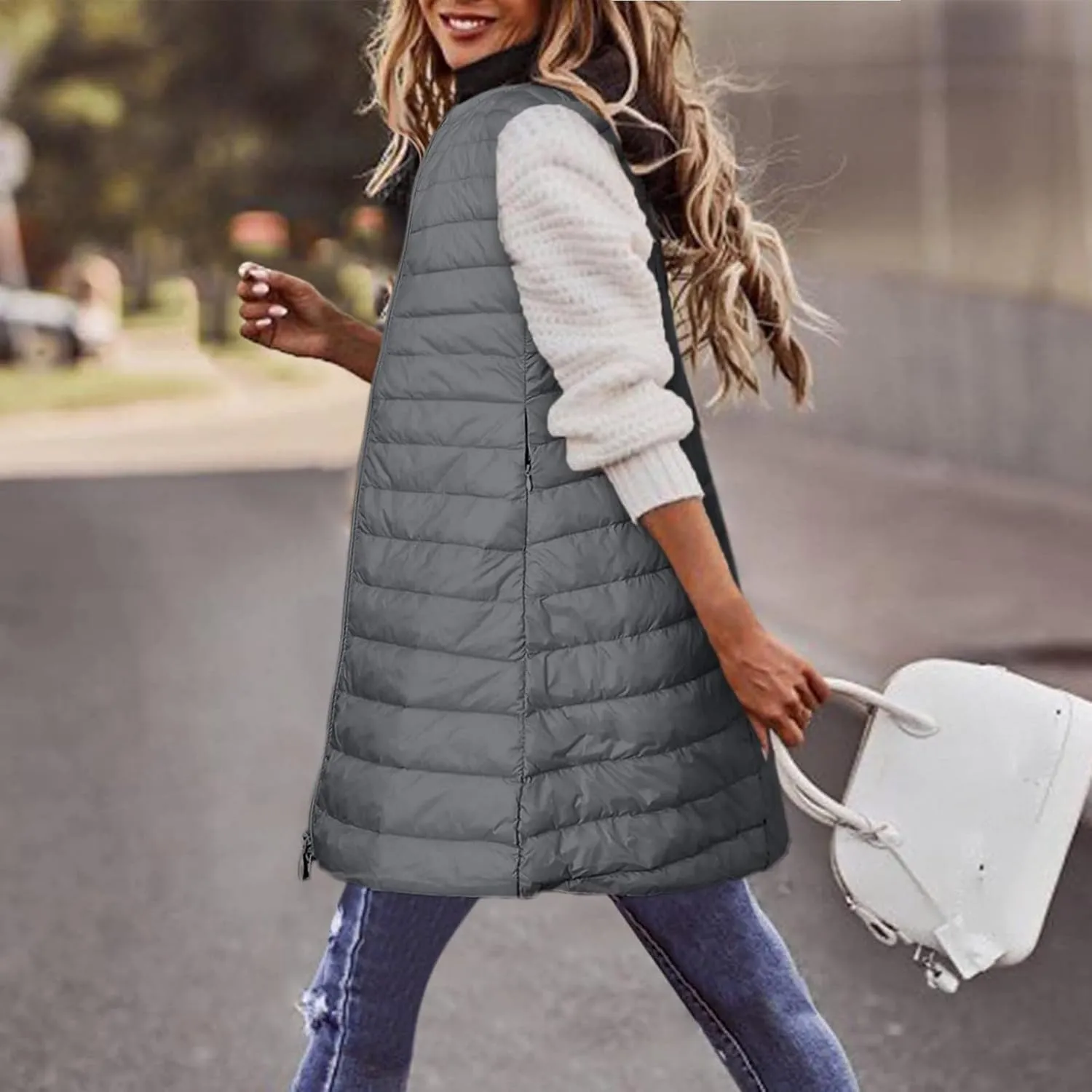 Womens Long Puffer Vest Lightweight Sleeveless Zip up Qulited Jackets Casual Winter Warm Cozy Padded Coat with Pocket