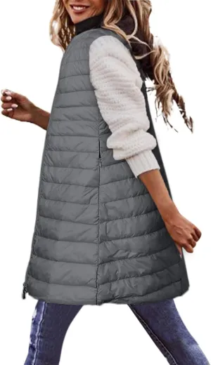 Womens Long Puffer Vest Lightweight Sleeveless Zip up Qulited Jackets Casual Winter Warm Cozy Padded Coat with Pocket
