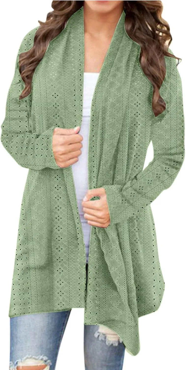 Womens Long Sleeve Cardigans Lightweight Open Front Cardigan Dressy Causal Loose Comfy Fall Eyelet Tops