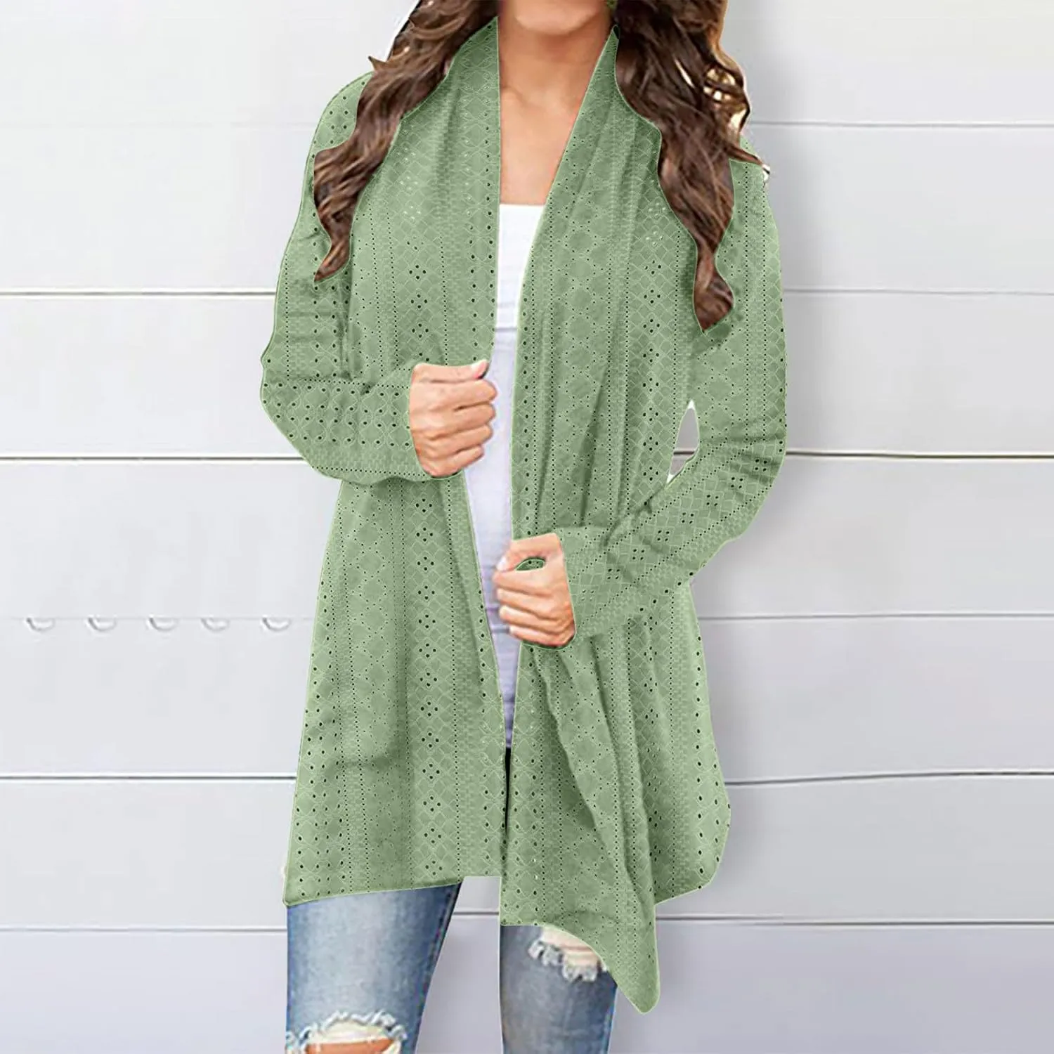 Womens Long Sleeve Cardigans Lightweight Open Front Cardigan Dressy Causal Loose Comfy Fall Eyelet Tops