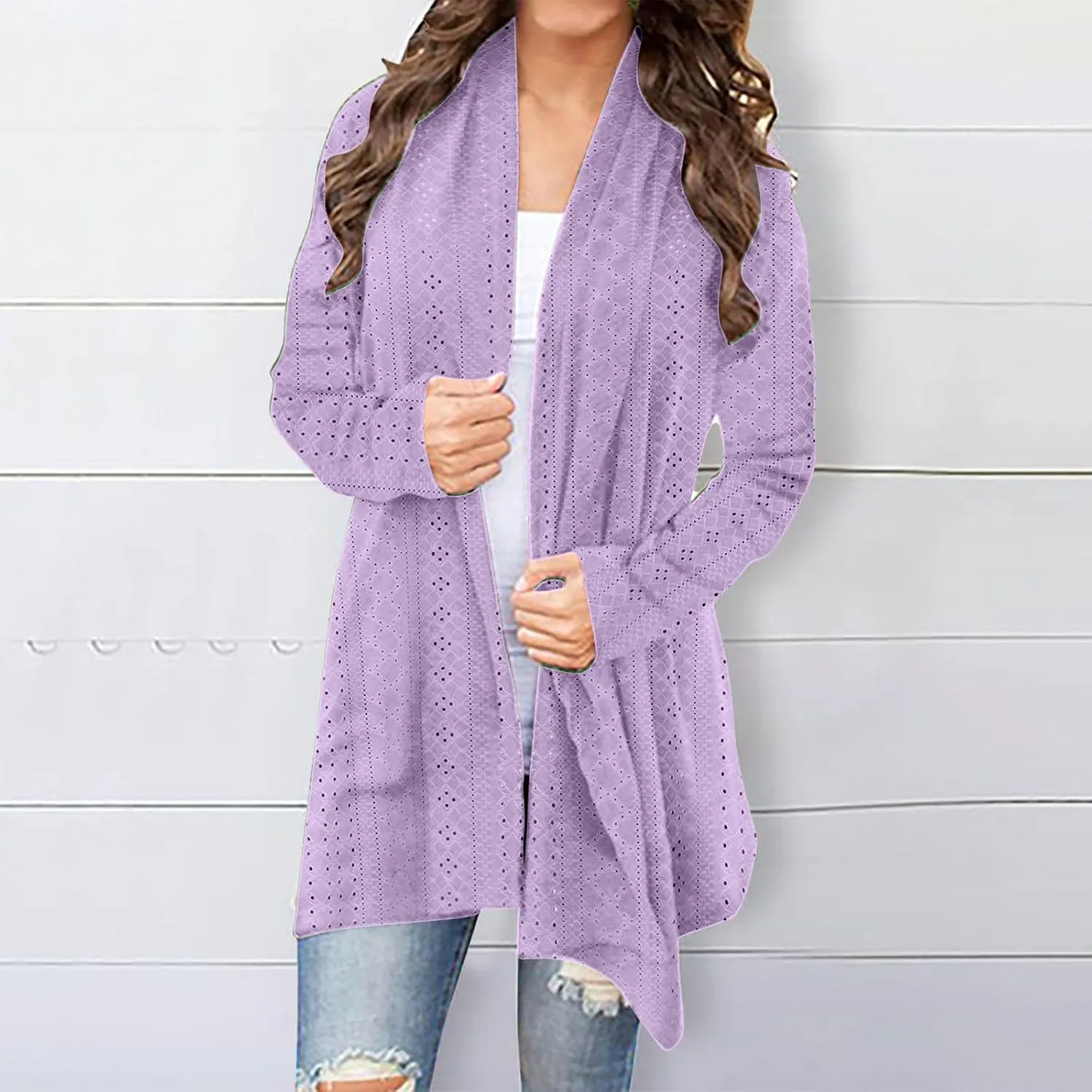 Womens Long Sleeve Cardigans Lightweight Open Front Cardigan Dressy Causal Loose Comfy Fall Eyelet Tops