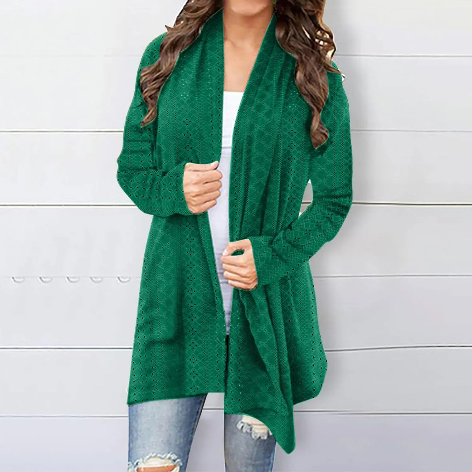 Womens Long Sleeve Cardigans Lightweight Open Front Cardigan Dressy Causal Loose Comfy Fall Eyelet Tops