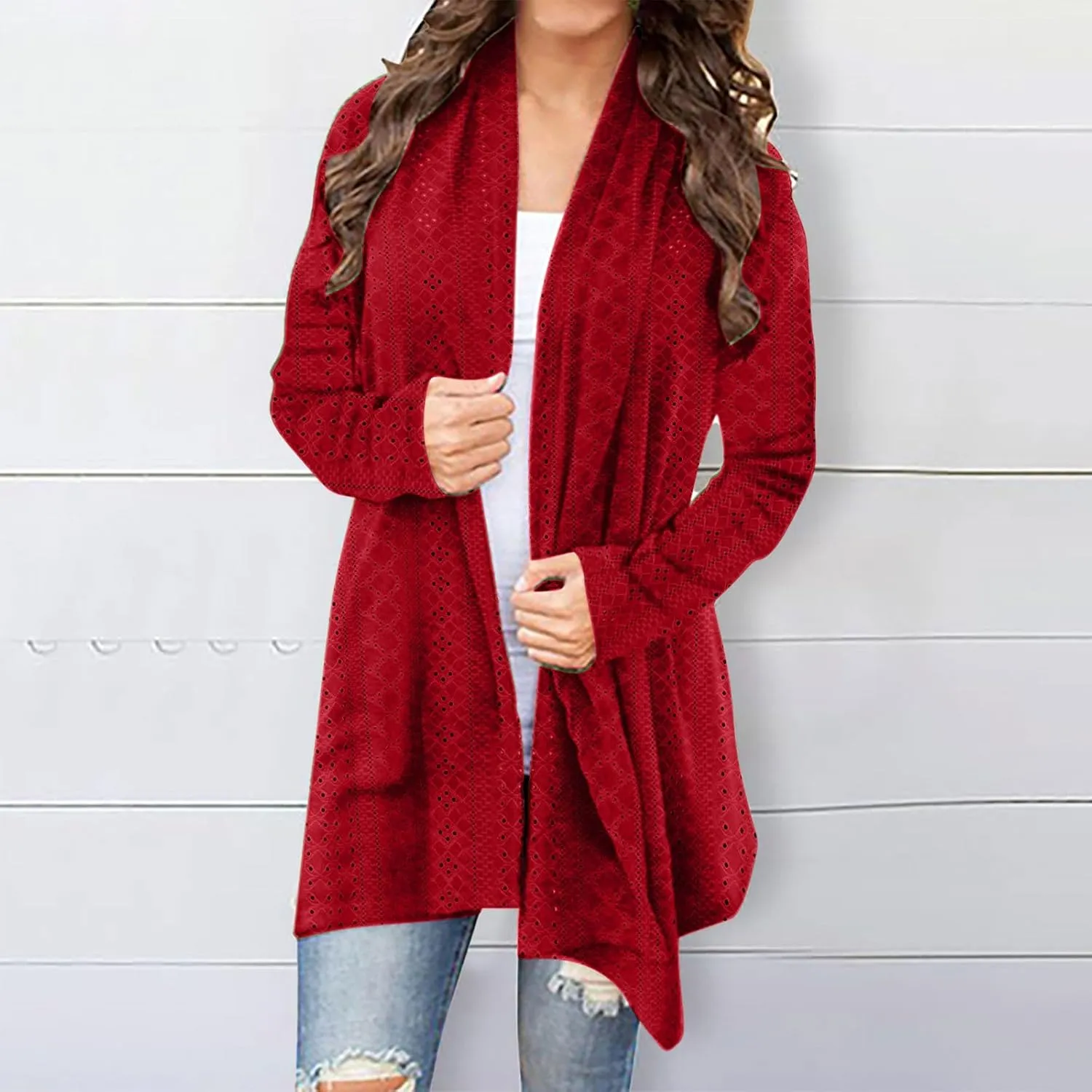 Womens Long Sleeve Cardigans Lightweight Open Front Cardigan Dressy Causal Loose Comfy Fall Eyelet Tops