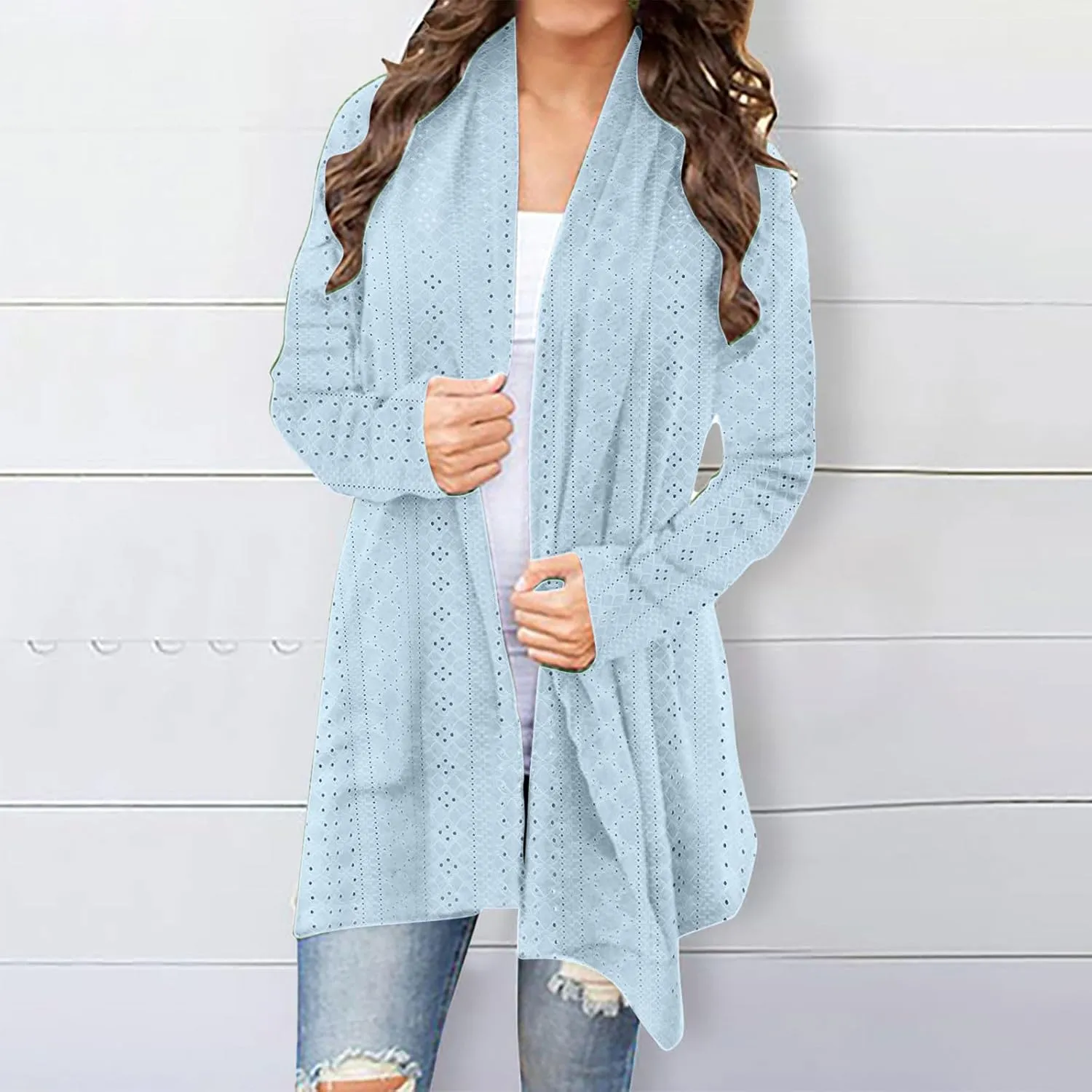 Womens Long Sleeve Cardigans Lightweight Open Front Cardigan Dressy Causal Loose Comfy Fall Eyelet Tops