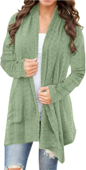 Womens Long Sleeve Cardigans Lightweight Open Front Cardigan Dressy Causal Loose Comfy Fall Eyelet Tops