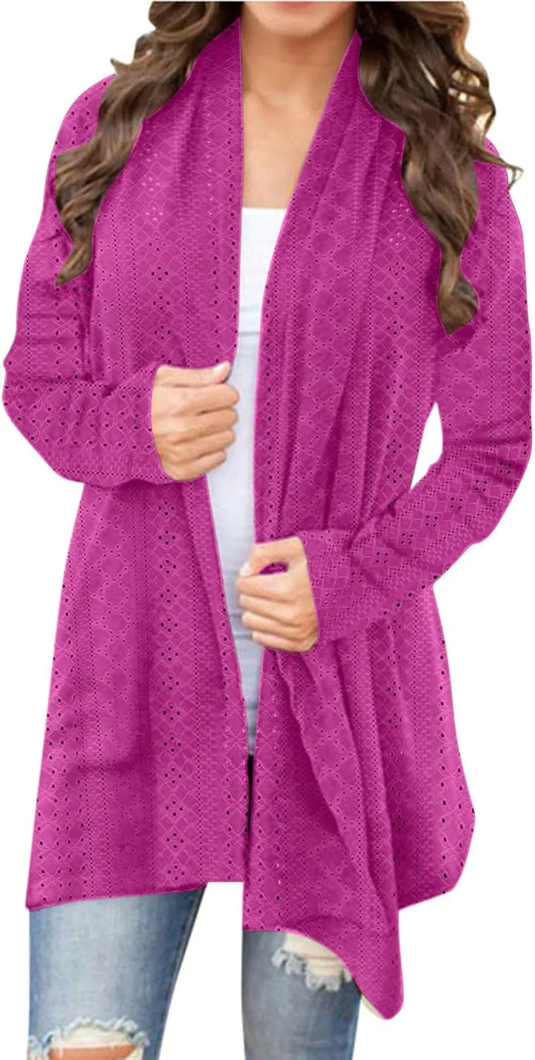 Womens Long Sleeve Cardigans Lightweight Open Front Cardigan Dressy Causal Loose Comfy Fall Eyelet Tops