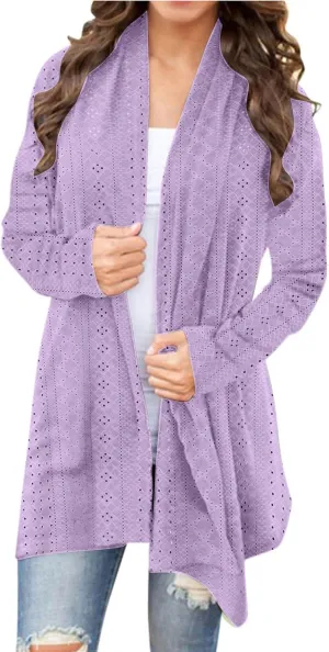 Womens Long Sleeve Cardigans Lightweight Open Front Cardigan Dressy Causal Loose Comfy Fall Eyelet Tops