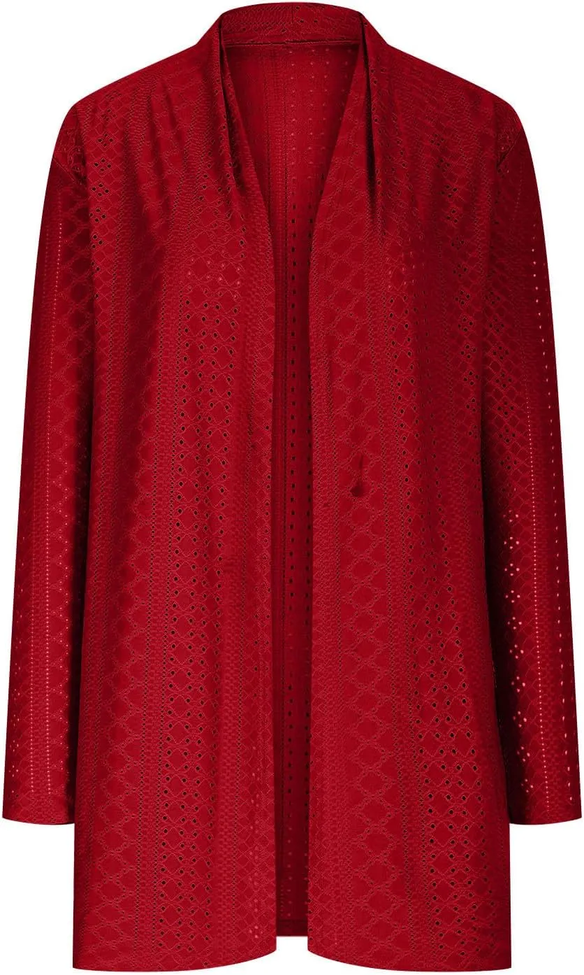 Womens Long Sleeve Cardigans Lightweight Open Front Cardigan Dressy Causal Loose Comfy Fall Eyelet Tops