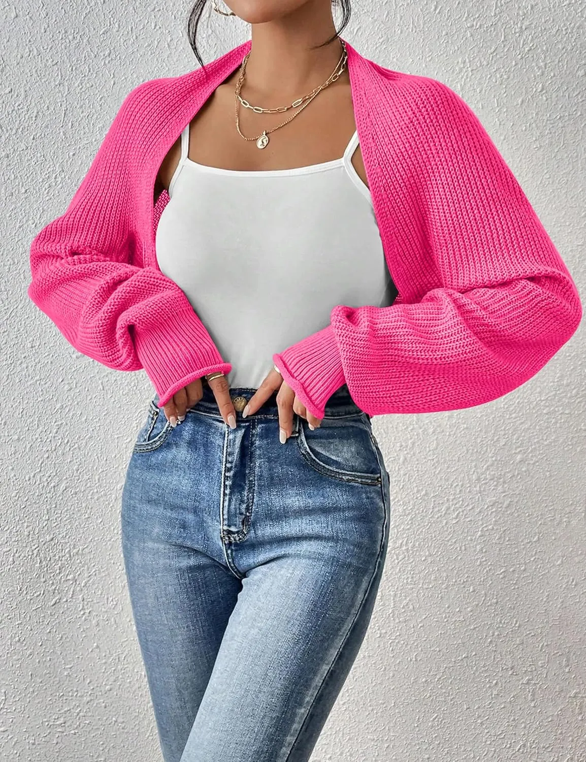 Women's Long Sleeve Open Front Knit Cropped Cardigan Sweaters Casual Solid Spring Summer Short Shrugs Sweater Coats