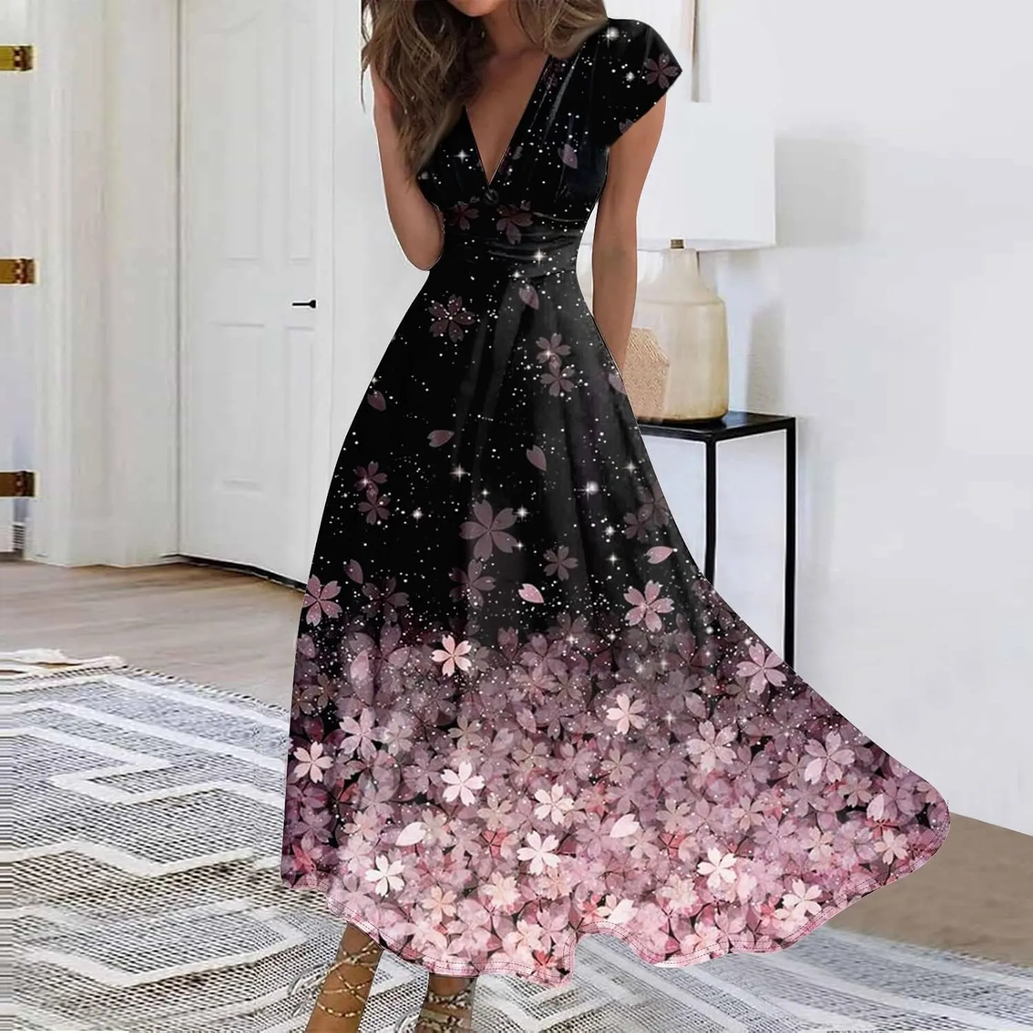 Women's Loose Fit Maxi Dresses Chiffon Daily Swing Casual 2025 Mature Outdoor Fashion Ruffled Short Dress