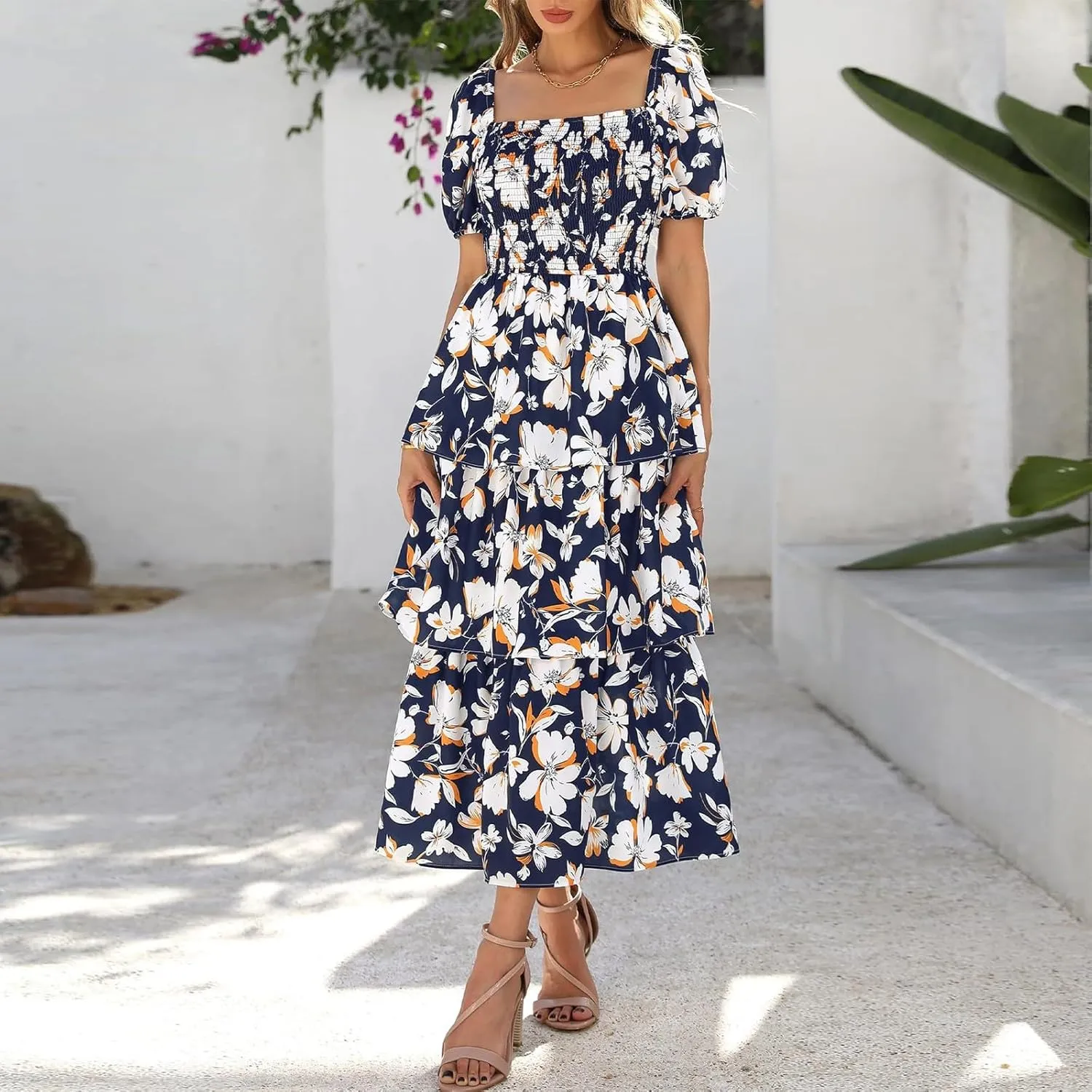 Womens Maxi Dresses Summer Square Neck Dressy Short Sleeve Trendy Beach Belted Long Dresses