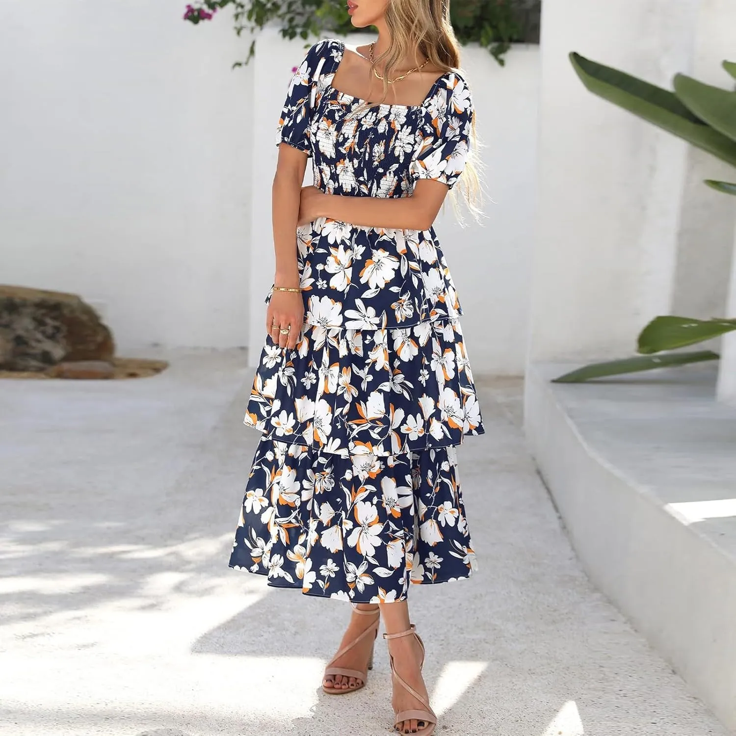 Womens Maxi Dresses Summer Square Neck Dressy Short Sleeve Trendy Beach Belted Long Dresses