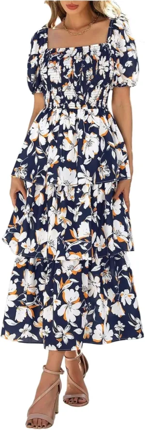 Womens Maxi Dresses Summer Square Neck Dressy Short Sleeve Trendy Beach Belted Long Dresses