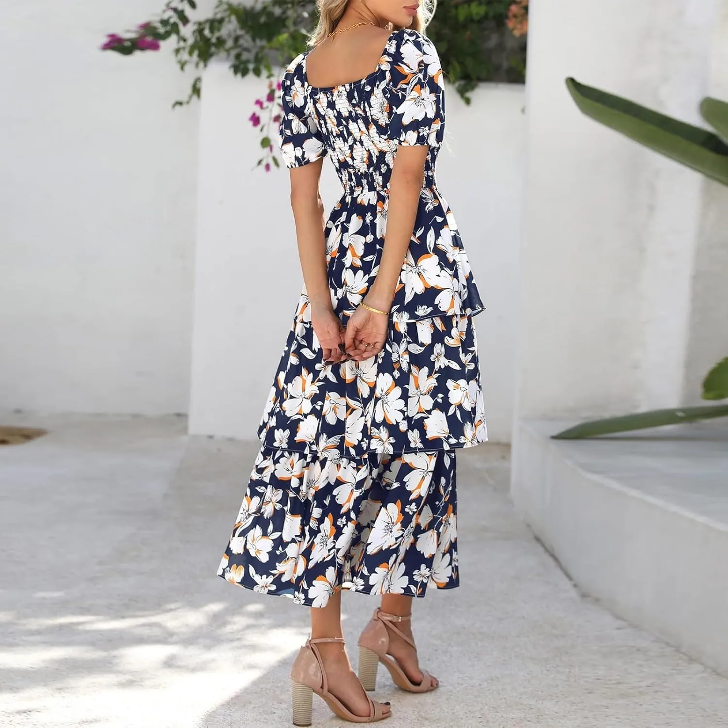 Womens Maxi Dresses Summer Square Neck Dressy Short Sleeve Trendy Beach Belted Long Dresses