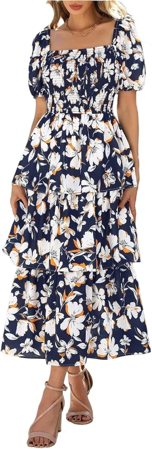 Womens Maxi Dresses Summer Square Neck Dressy Short Sleeve Trendy Beach Belted Long Dresses