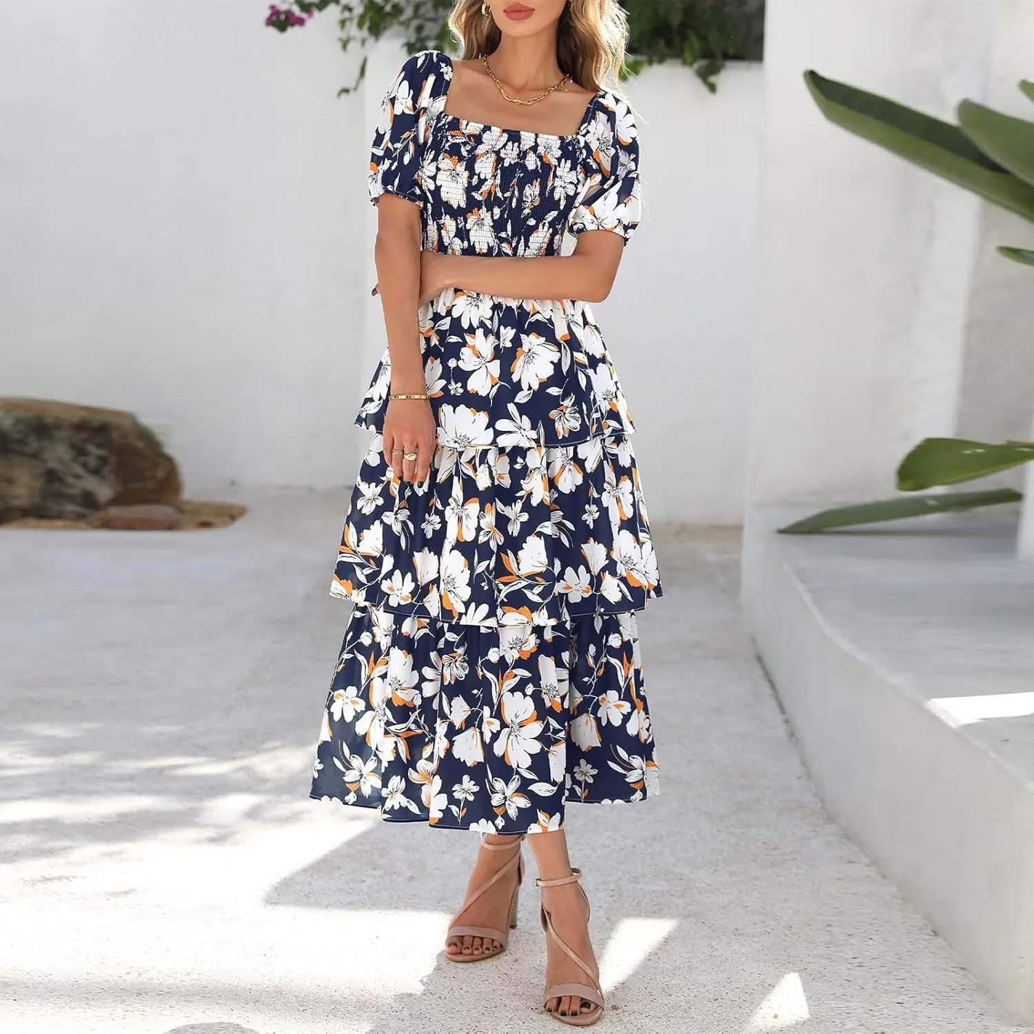 Womens Maxi Dresses Summer Square Neck Dressy Short Sleeve Trendy Beach Belted Long Dresses
