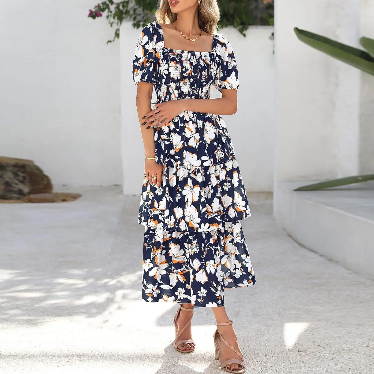 Womens Maxi Dresses Summer Square Neck Dressy Short Sleeve Trendy Beach Belted Long Dresses