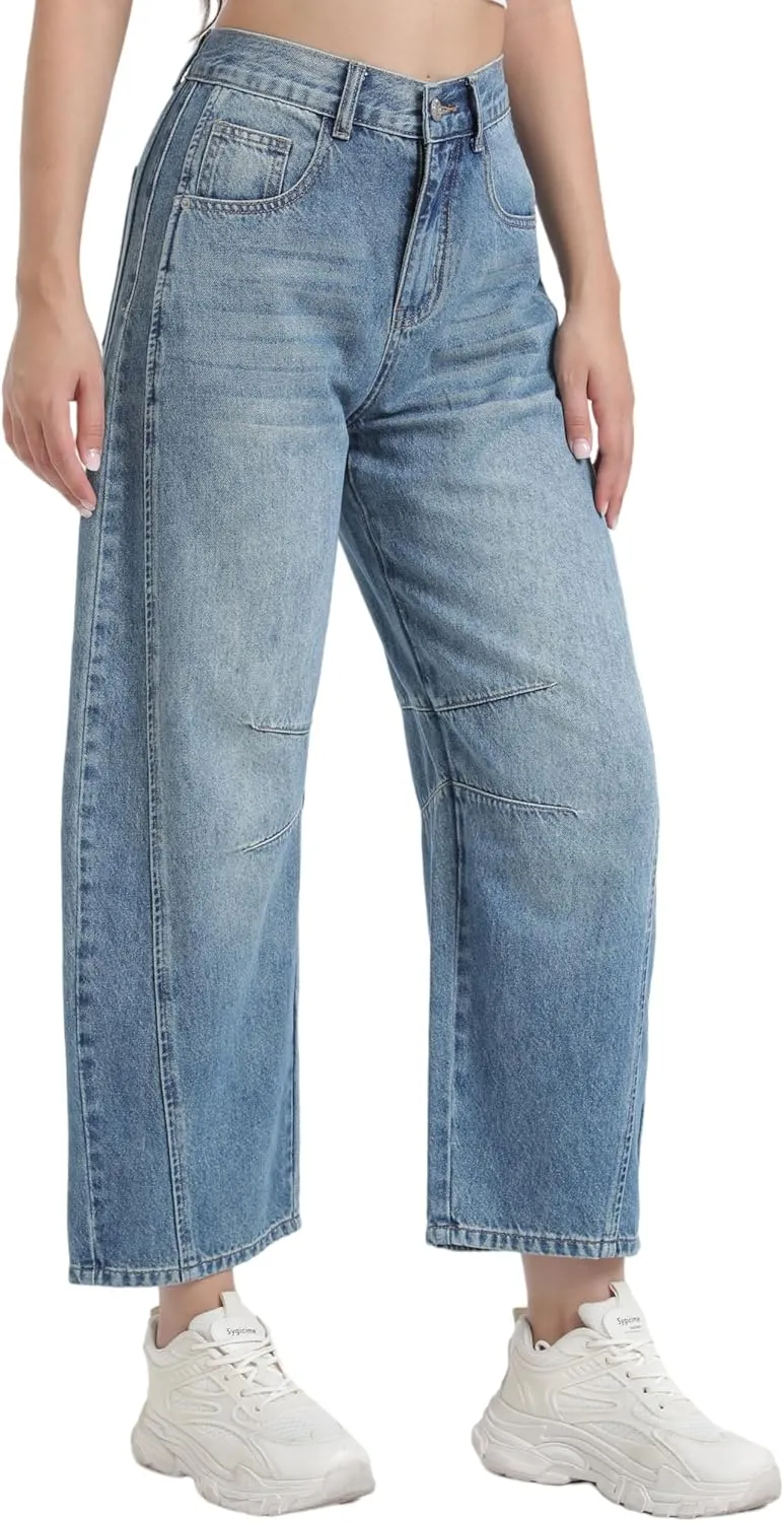 Women's Mid Elastic Waist Wide Leg Barrel Jeans Cropped Denim Pants Comfortable Boyfriend Jeans with Pockets