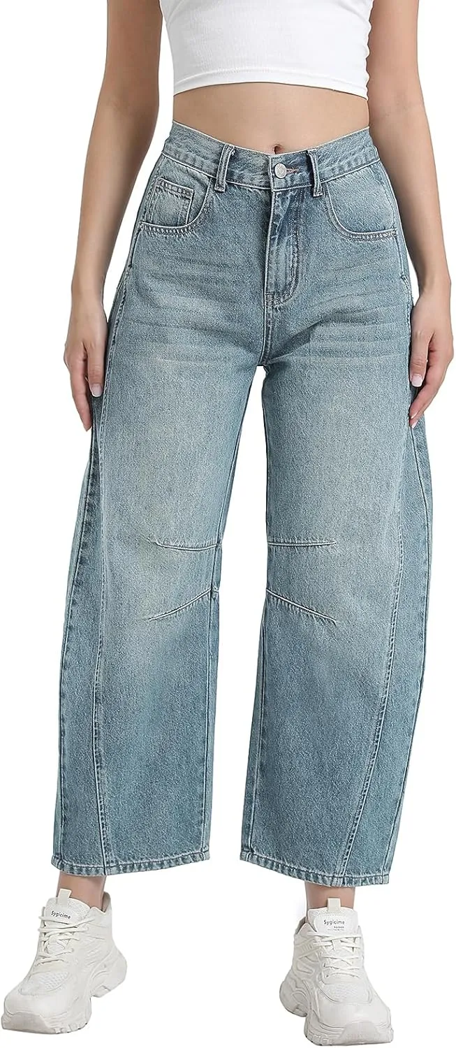 Women's Mid Elastic Waist Wide Leg Barrel Jeans Cropped Denim Pants Comfortable Boyfriend Jeans with Pockets