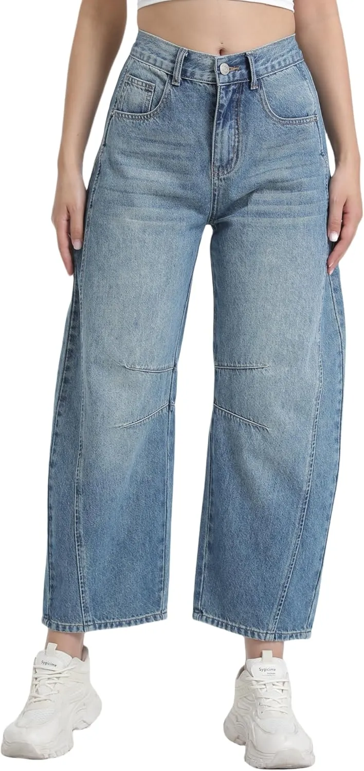 Women's Mid Elastic Waist Wide Leg Barrel Jeans Cropped Denim Pants Comfortable Boyfriend Jeans with Pockets