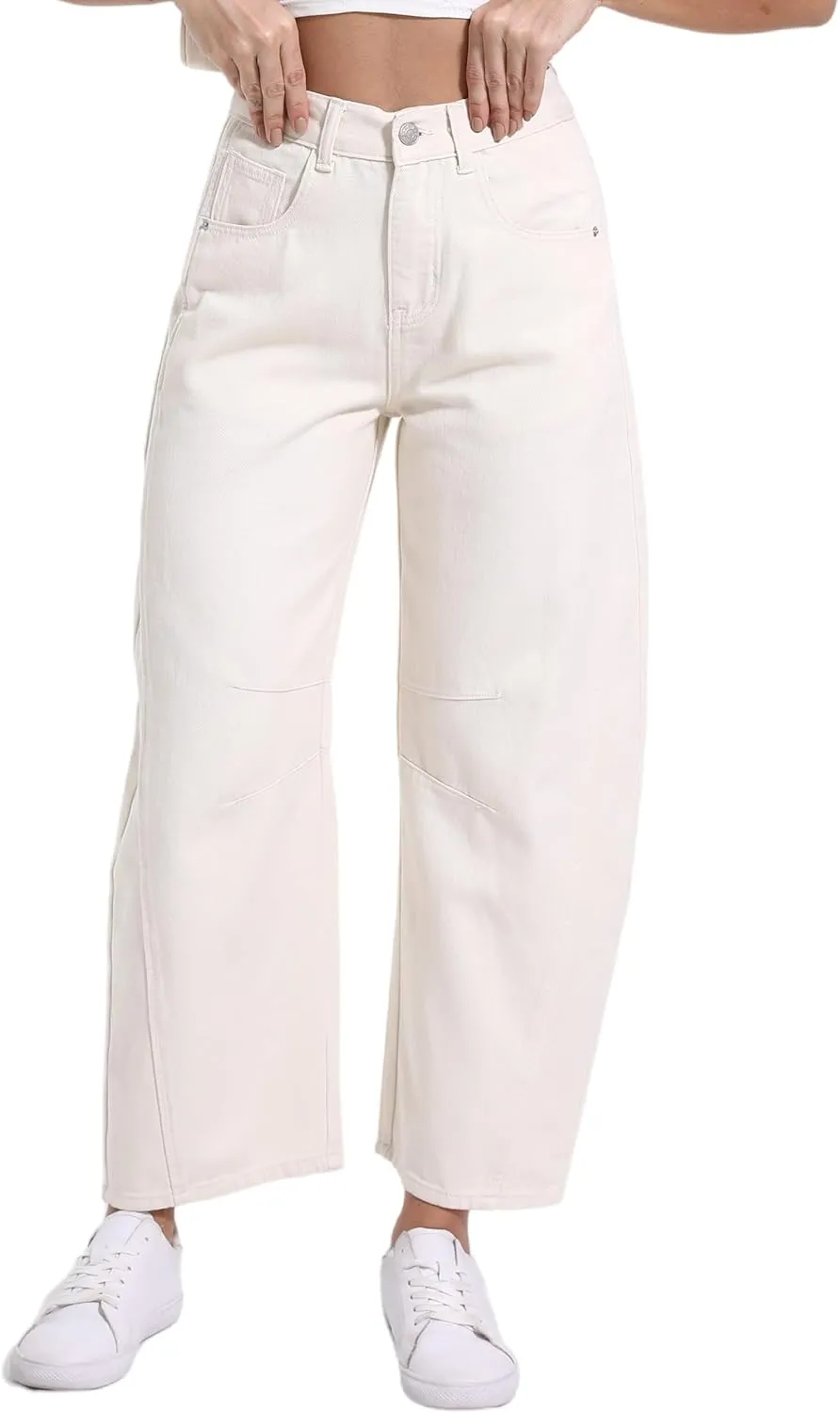 Women's Mid Elastic Waist Wide Leg Barrel Jeans Cropped Denim Pants Comfortable Boyfriend Jeans with Pockets