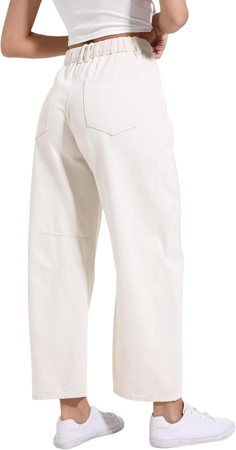 Women's Mid Elastic Waist Wide Leg Barrel Jeans Cropped Denim Pants Comfortable Boyfriend Jeans with Pockets