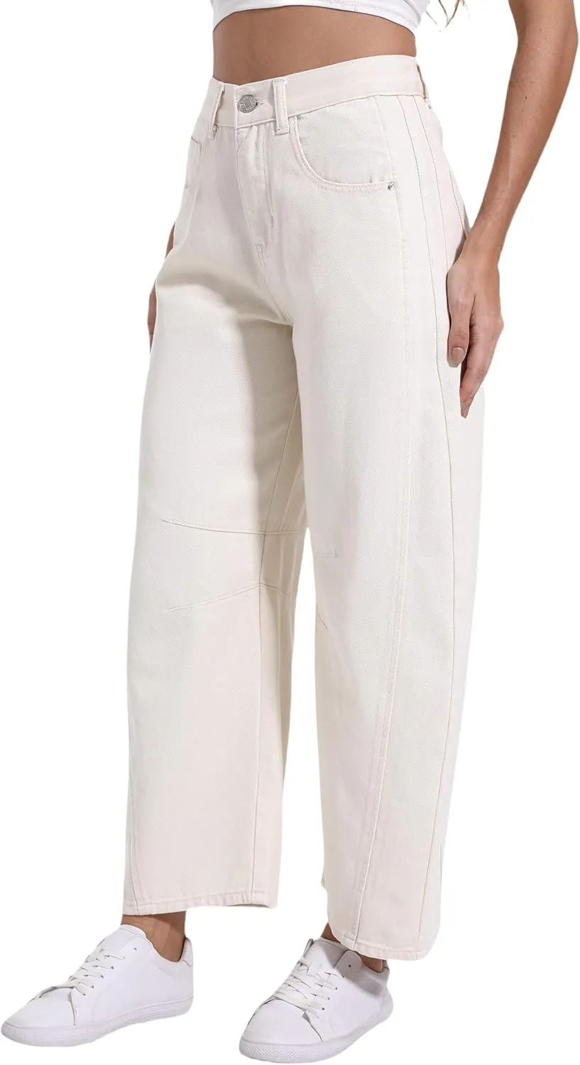 Women's Mid Elastic Waist Wide Leg Barrel Jeans Cropped Denim Pants Comfortable Boyfriend Jeans with Pockets