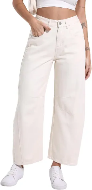 Women's Mid Elastic Waist Wide Leg Barrel Jeans Cropped Denim Pants Comfortable Boyfriend Jeans with Pockets