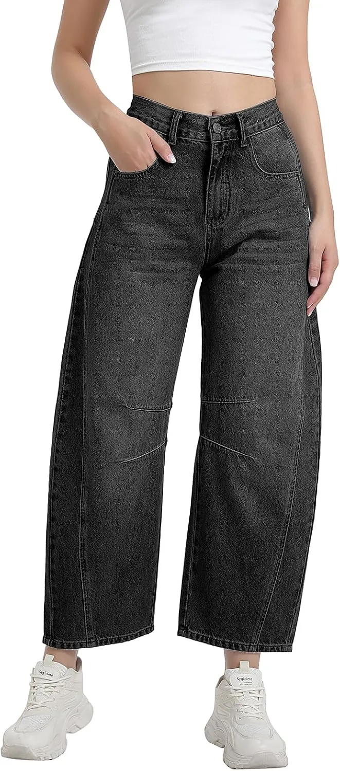 Women's Mid Elastic Waist Wide Leg Barrel Jeans Cropped Denim Pants Comfortable Boyfriend Jeans with Pockets