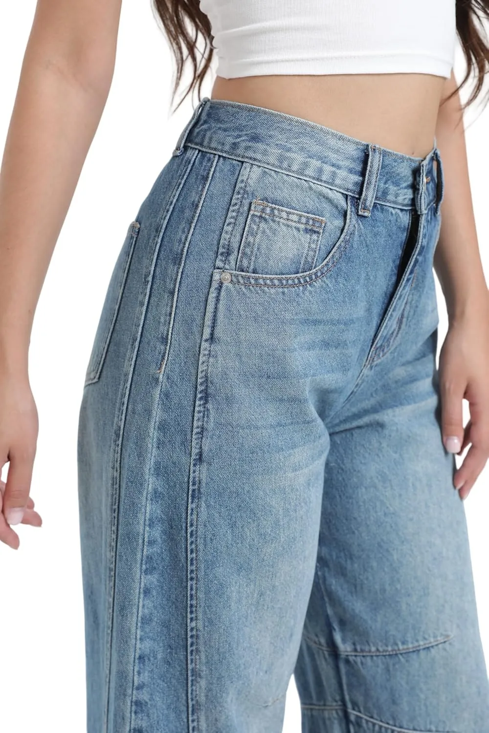 Women's Mid Elastic Waist Wide Leg Barrel Jeans Cropped Denim Pants Comfortable Boyfriend Jeans with Pockets