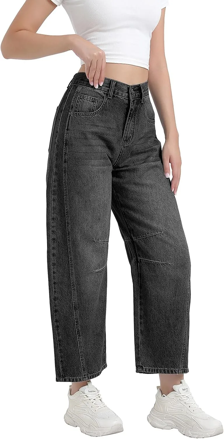 Women's Mid Elastic Waist Wide Leg Barrel Jeans Cropped Denim Pants Comfortable Boyfriend Jeans with Pockets