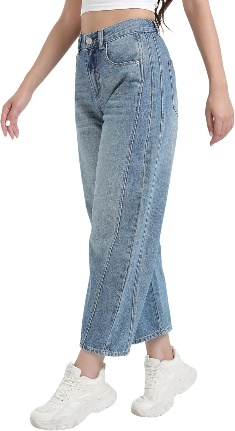 Women's Mid Elastic Waist Wide Leg Barrel Jeans Cropped Denim Pants Comfortable Boyfriend Jeans with Pockets