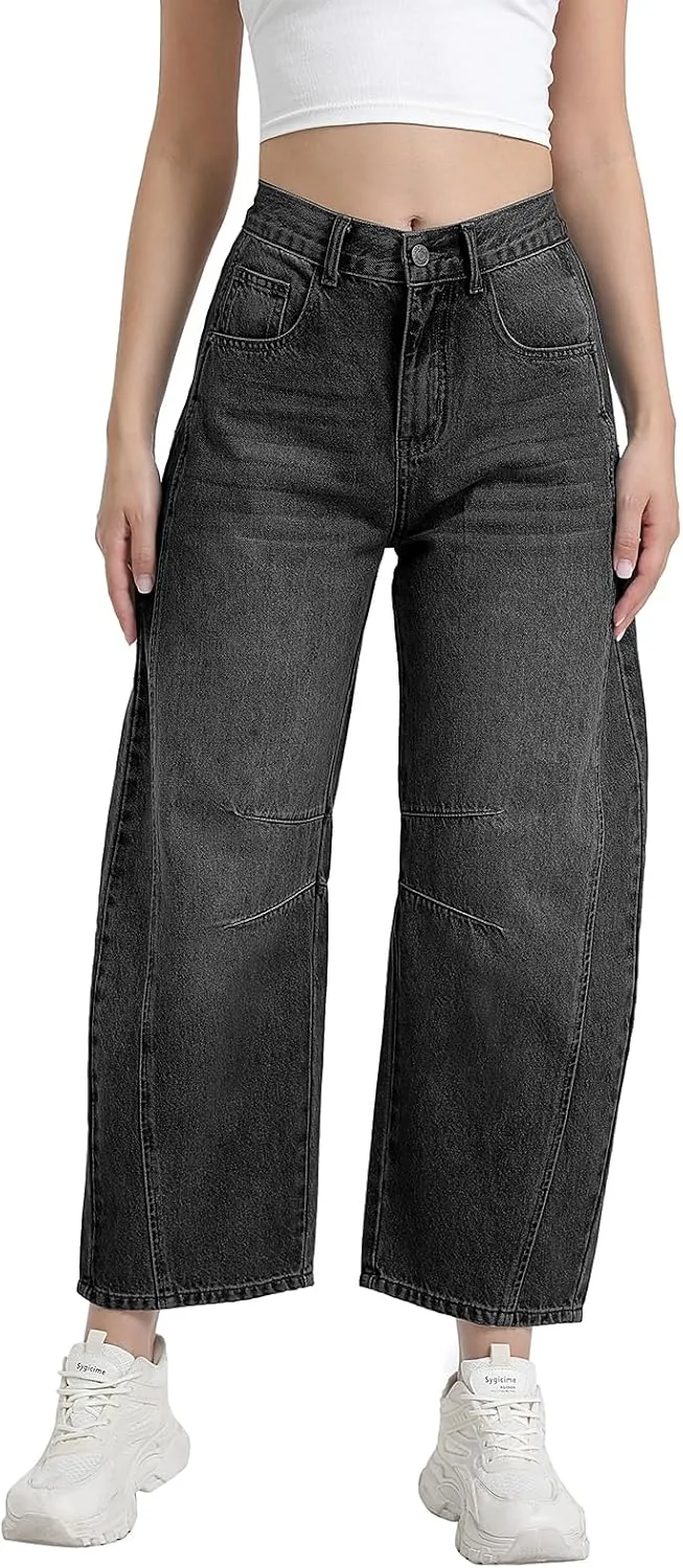 Women's Mid Elastic Waist Wide Leg Barrel Jeans Cropped Denim Pants Comfortable Boyfriend Jeans with Pockets