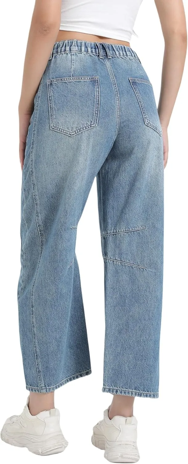 Women's Mid Elastic Waist Wide Leg Barrel Jeans Cropped Denim Pants Comfortable Boyfriend Jeans with Pockets