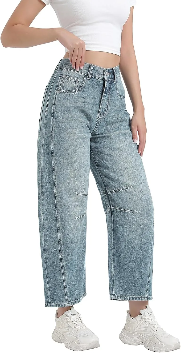 Women's Mid Elastic Waist Wide Leg Barrel Jeans Cropped Denim Pants Comfortable Boyfriend Jeans with Pockets