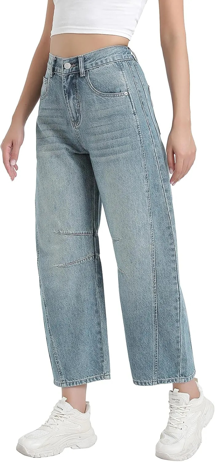 Women's Mid Elastic Waist Wide Leg Barrel Jeans Cropped Denim Pants Comfortable Boyfriend Jeans with Pockets