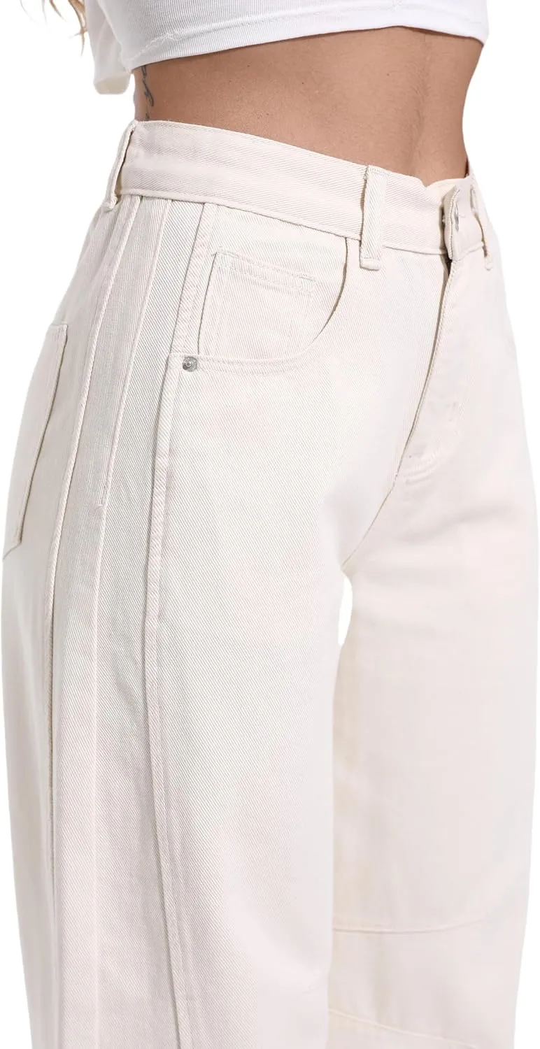 Women's Mid Elastic Waist Wide Leg Barrel Jeans Cropped Denim Pants Comfortable Boyfriend Jeans with Pockets
