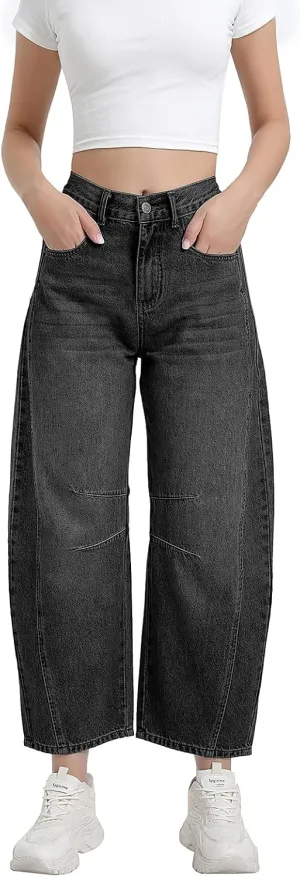 Women's Mid Elastic Waist Wide Leg Barrel Jeans Cropped Denim Pants Comfortable Boyfriend Jeans with Pockets