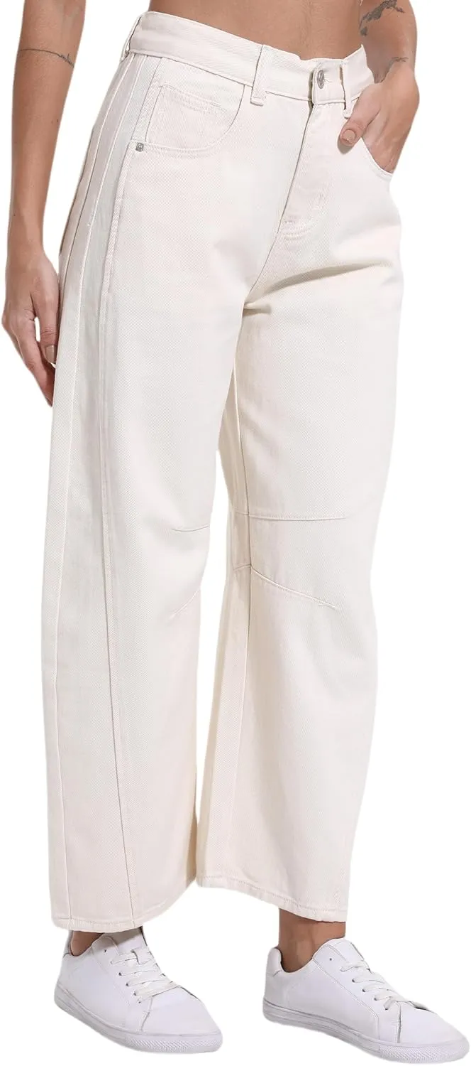 Women's Mid Elastic Waist Wide Leg Barrel Jeans Cropped Denim Pants Comfortable Boyfriend Jeans with Pockets
