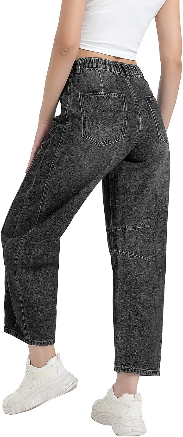 Women's Mid Elastic Waist Wide Leg Barrel Jeans Cropped Denim Pants Comfortable Boyfriend Jeans with Pockets