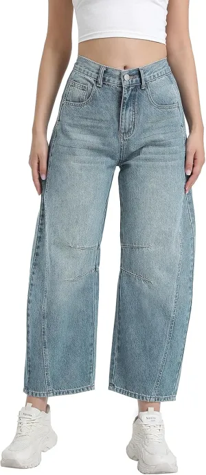 Women's Mid Elastic Waist Wide Leg Barrel Jeans Cropped Denim Pants Comfortable Boyfriend Jeans with Pockets