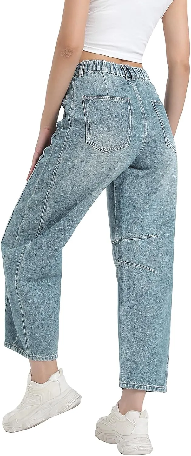 Women's Mid Elastic Waist Wide Leg Barrel Jeans Cropped Denim Pants Comfortable Boyfriend Jeans with Pockets
