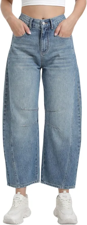 Women's Mid Elastic Waist Wide Leg Barrel Jeans Cropped Denim Pants Comfortable Boyfriend Jeans with Pockets