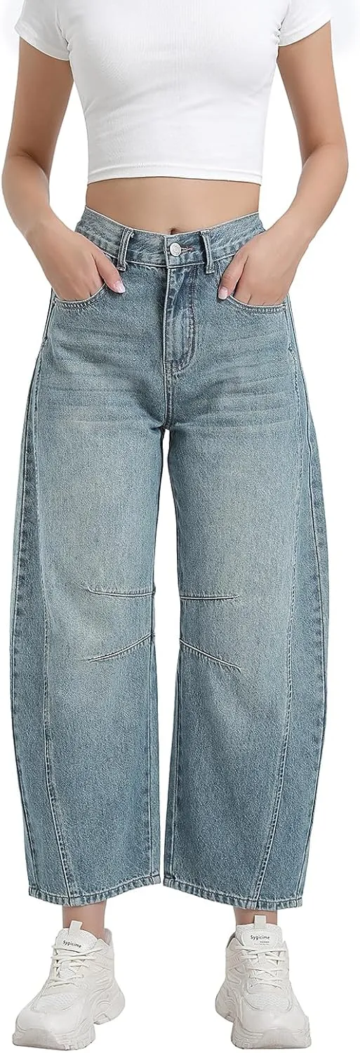 Women's Mid Elastic Waist Wide Leg Barrel Jeans Cropped Denim Pants Comfortable Boyfriend Jeans with Pockets