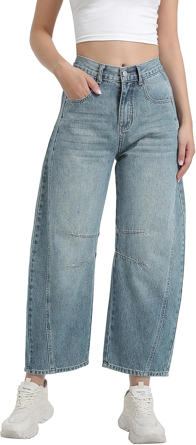 Women's Mid Elastic Waist Wide Leg Barrel Jeans Cropped Denim Pants Comfortable Boyfriend Jeans with Pockets